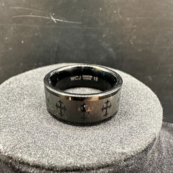 Tungsten Carbide Mens Ring Size 12 Black Band Laser Cross Design - Picture 6 of 6